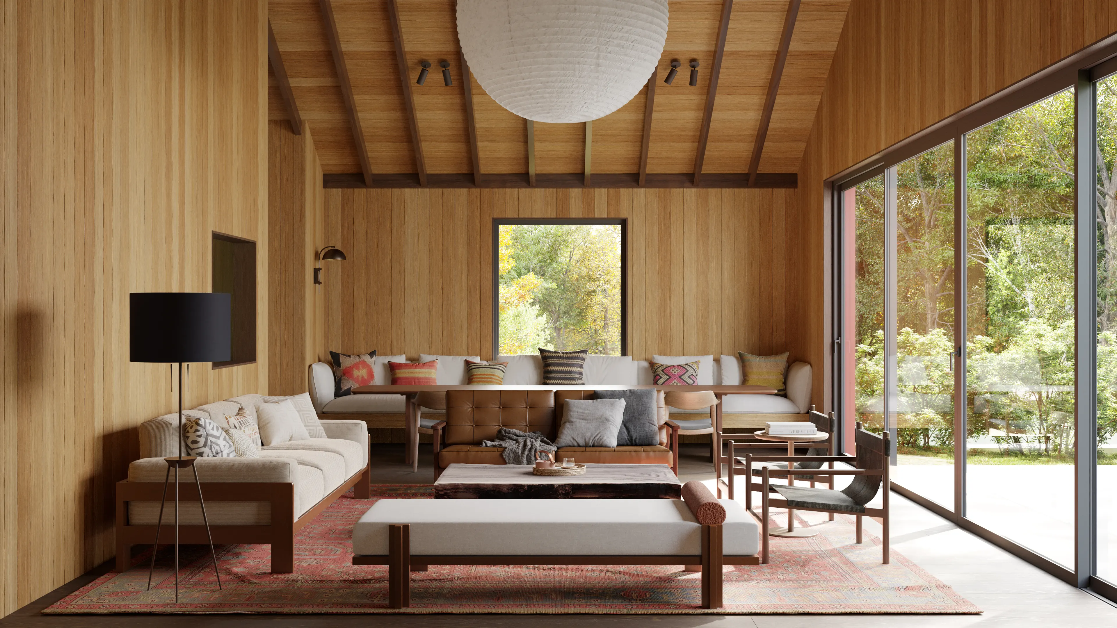 Moving through, the living room in layered timber